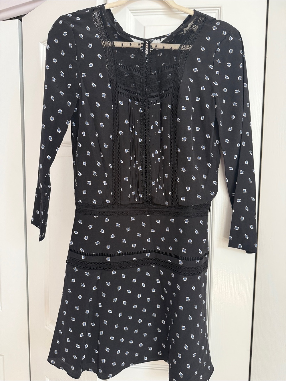 Veronica Beard Black Silk Dress with White Floral Print and Lace Insets